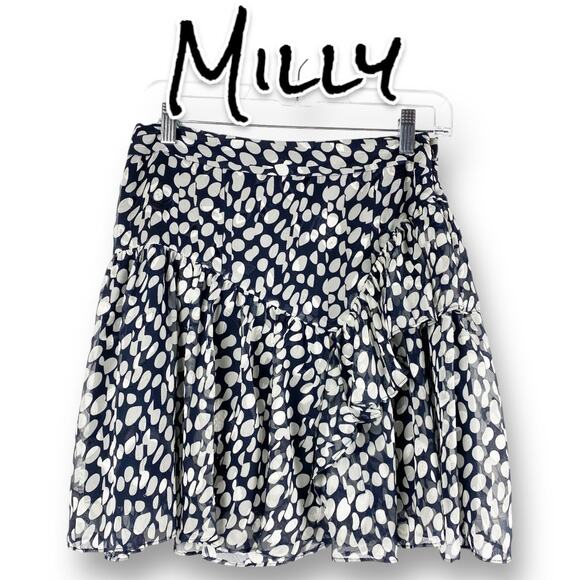 Milly Heidi Abstract Asymmetrical Ruffle Dot Mini Skirt Navy Blue Womens Size 4 - Picture 1 of 11